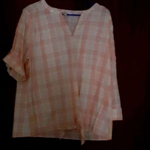 Plaid peach tie front blouse